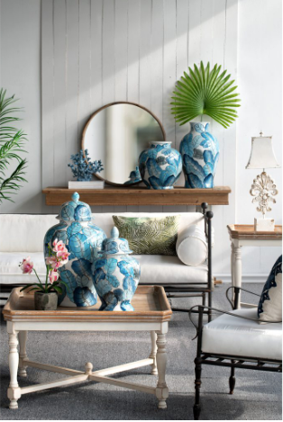 Blue and White Hand Painted Leaf Ginger Jar - CENTURIA