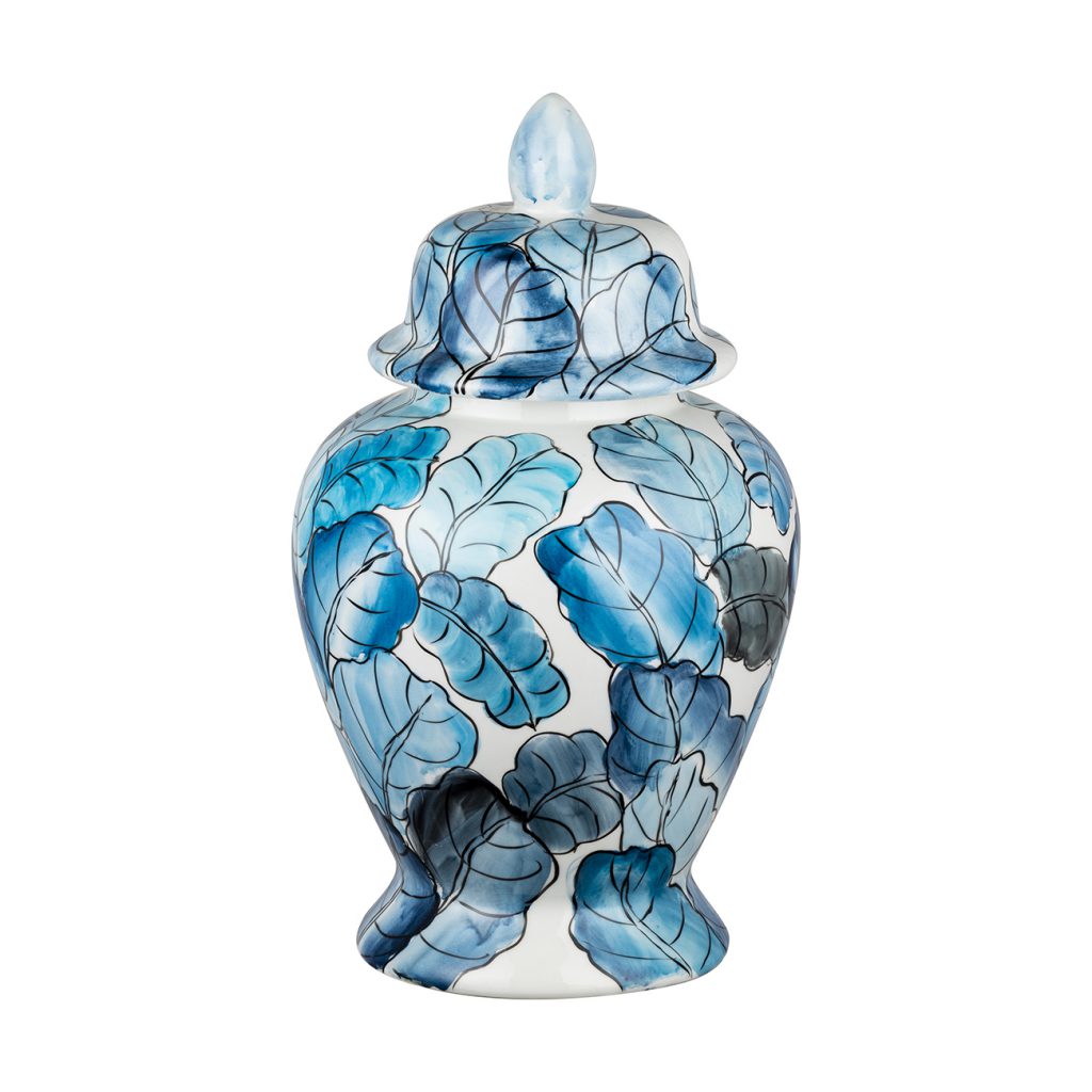 Blue and White Hand Painted Leaf Ginger Jar - CENTURIA