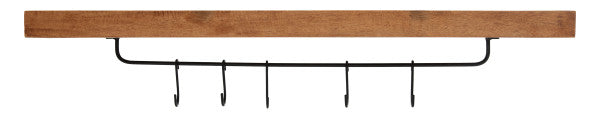 Wooden Shelf With 5 Metal Hooks