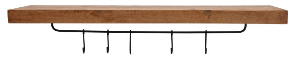 Wooden Shelf With 5 Metal Hooks