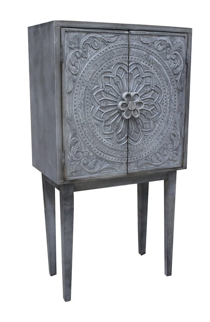 Whitewashed Grey Vintage Style Wine Cabinet - CENTURIA