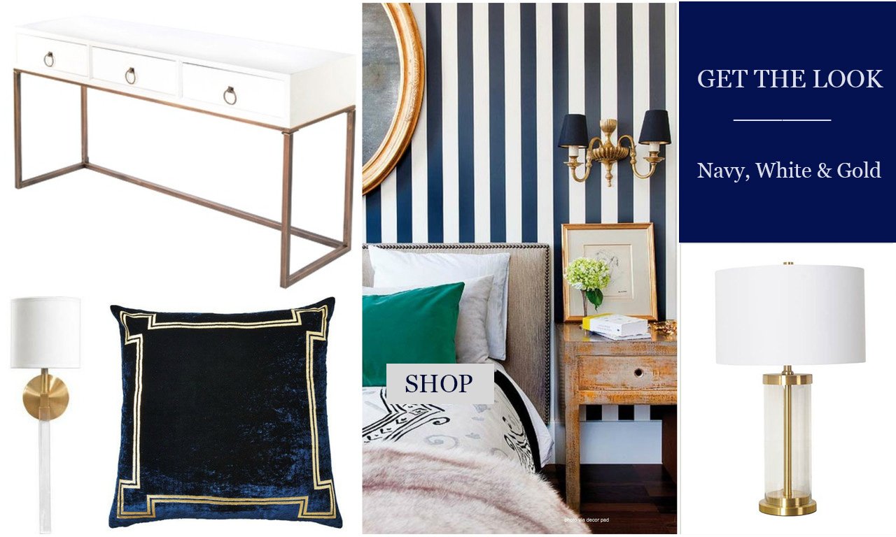 navy white and gold decor