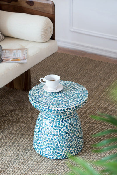 Tropical Blue Capiz Stool- Side Table