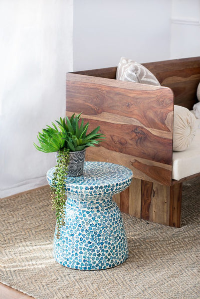 Tropical Blue Capiz Stool- Side Table