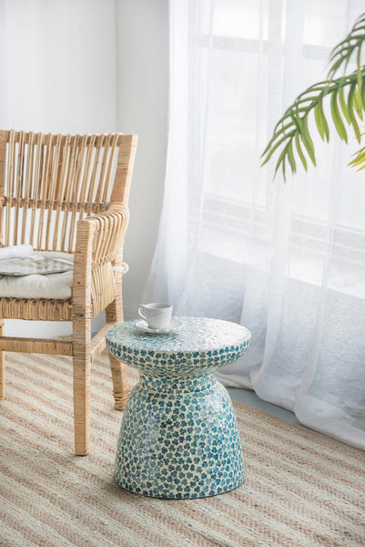 Tropical Blue Capiz Stool- Side Table