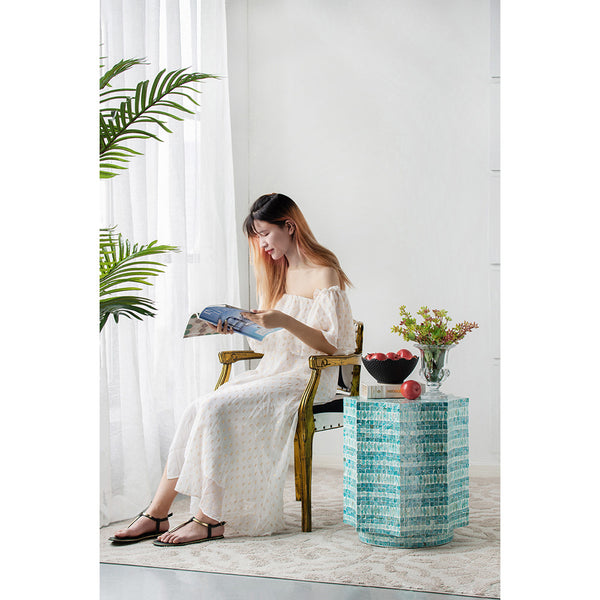 Starburst Turquoise Capiz Stool- Side Table