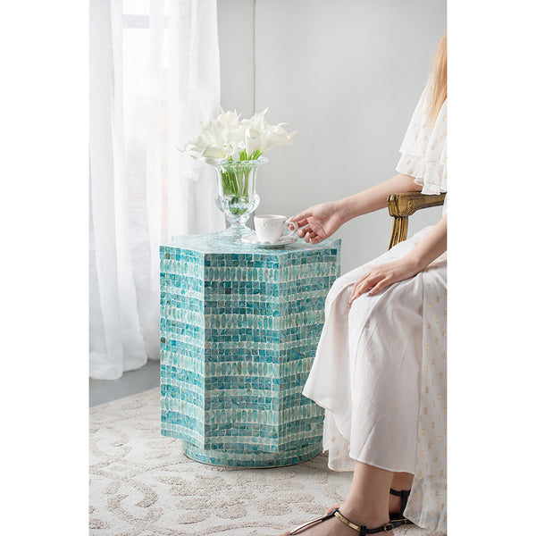 Starburst Turquoise Capiz Stool- Side Table