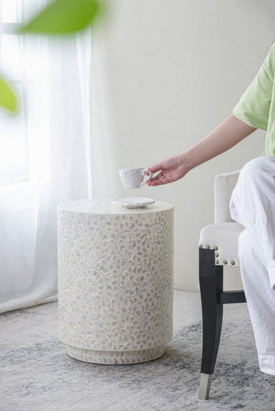 Ivory Floral Capiz Stool-Side Table