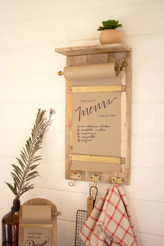 Brass and Wooden Wall Note Roll w/Coat Hooks