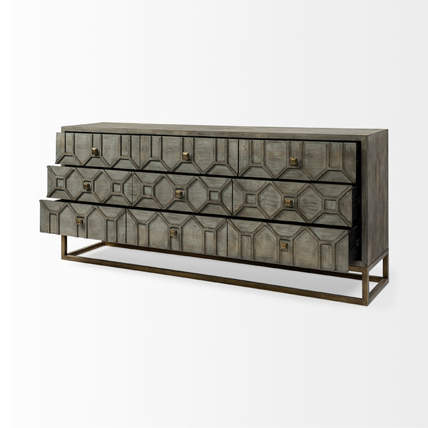 Geometric Wooden and Brass Sideboard