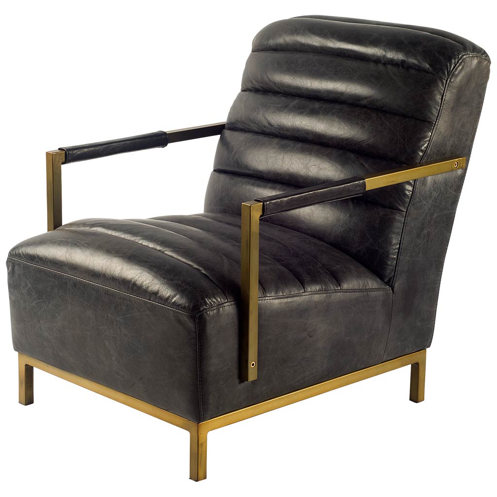 Black Leather and Brass Modern Armchair - CENTURIA