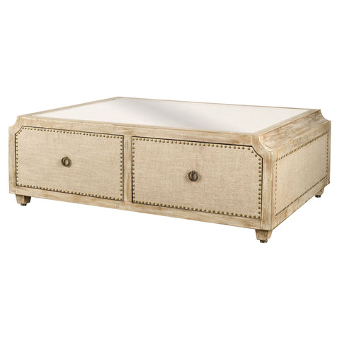 Linen and Nailhead Whitewashed Coffee Table - CENTURIA